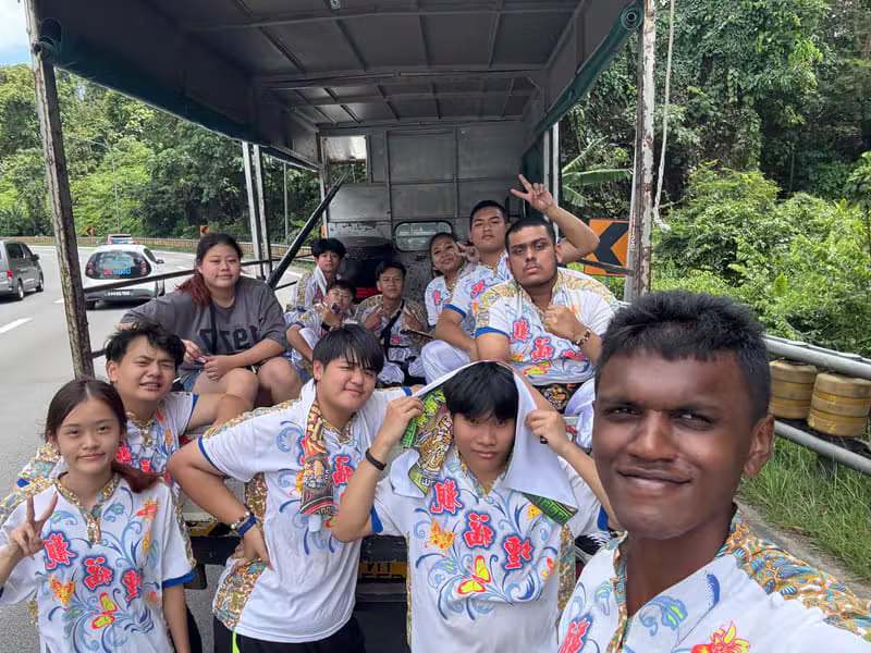 Hong Quan troupe group selfie on the lorry on the way to a performance
