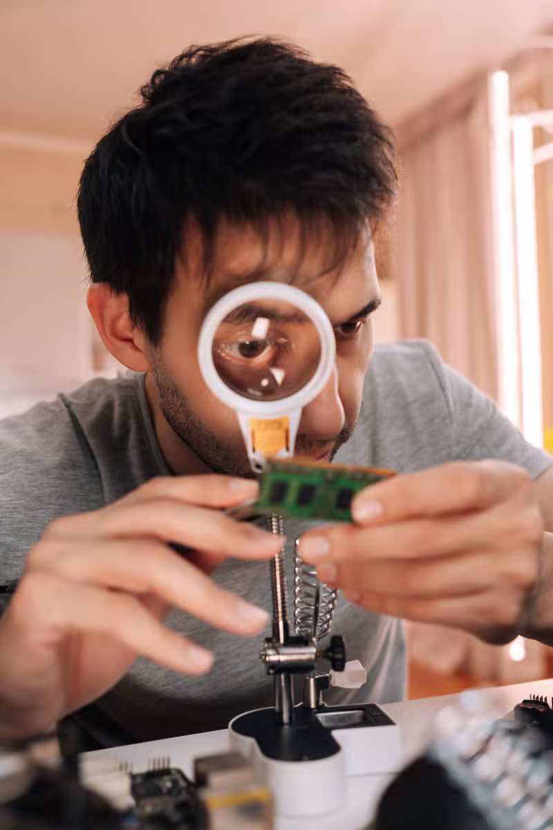 Technician servicing electronic test and measurement equipment