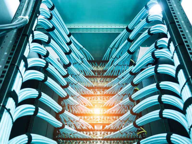Structured network cabling installed in a server rack