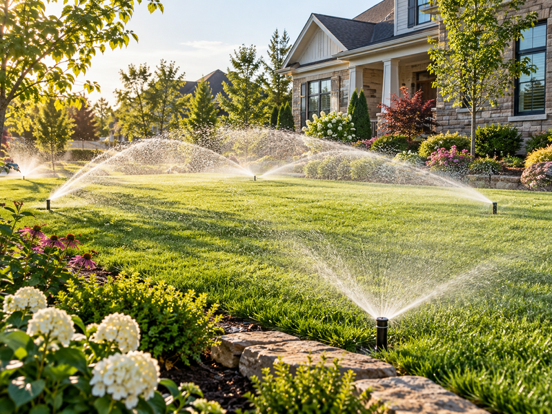 Backyard with a hardscape patio and lush landscaping as sprinkler heads water the green lawn