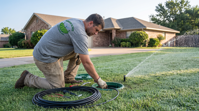 Technician starting up a lawn sprinkler system in spring