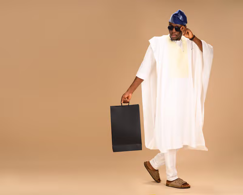 Nigerian male model wearing a contemporary Dominion Fashion House look