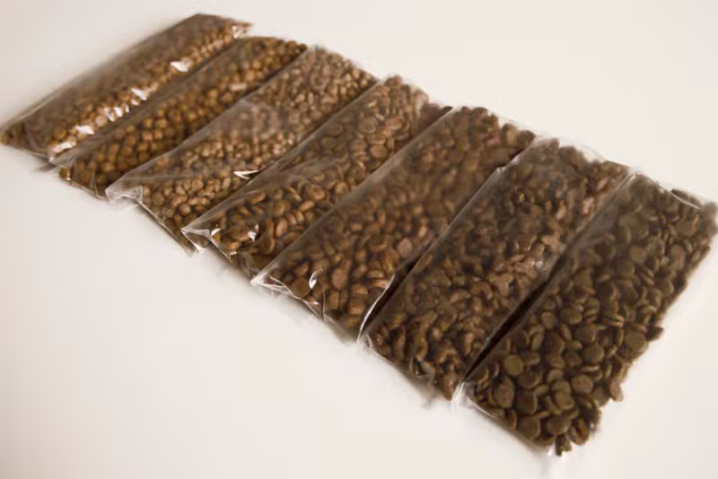 Manufactured pet food products ready for packaging