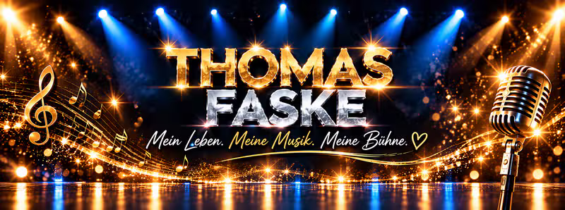 Bühnenbanner von Thomas Faske mit Mikrofon, Noten und dem Schriftzug Mein Leben. Meine Musik. Meine Bühne.
