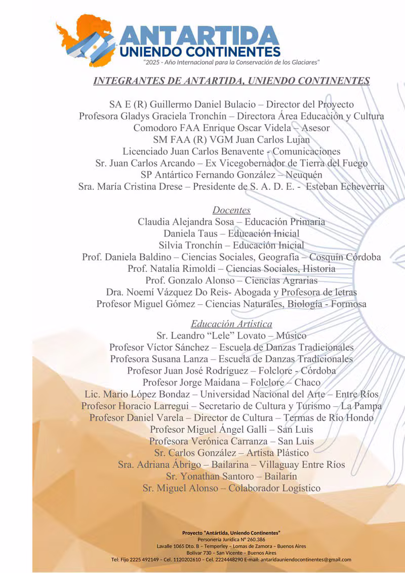 Integrantes de Antártida, Uniendo Continentes: equipo directivo, docentes y educación artística