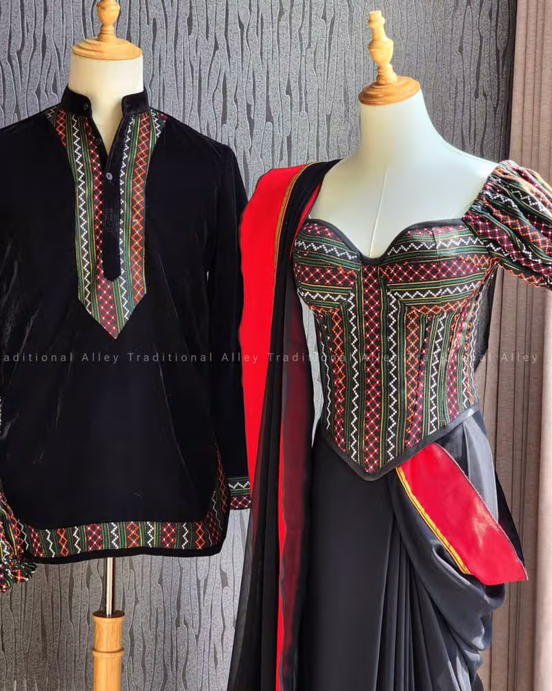Handcrafted dhaka-trimmed Newari garments on display