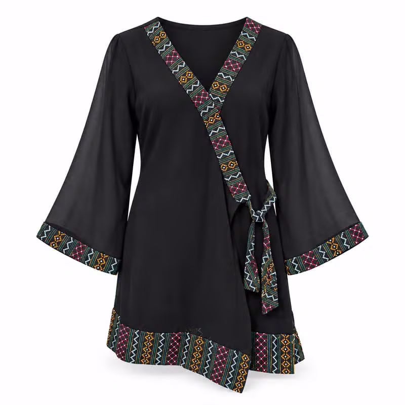Black Wrap Top with Dhaka Trim