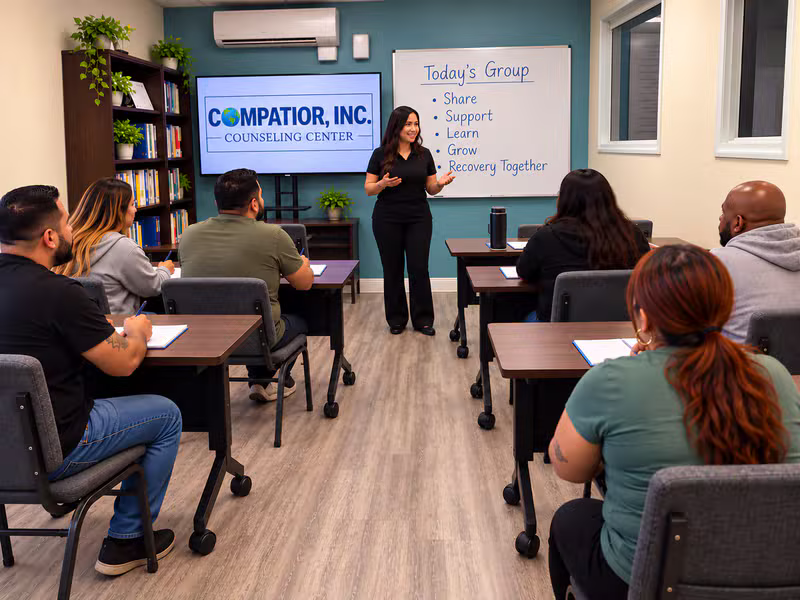 A counselor leading a group recovery session with clients seated at desks in a counseling classroom