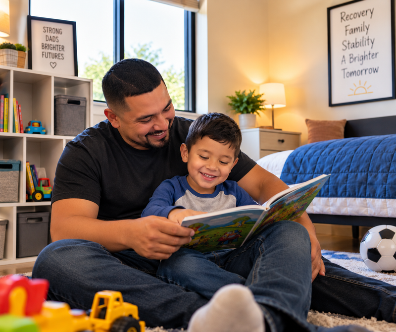 A father and his young son reading a picture book together in a bright, welcoming room