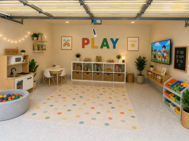 Backyard play area with a play structure, basketball hoop, and picnic table at Recovery Bridge Housing for women and children