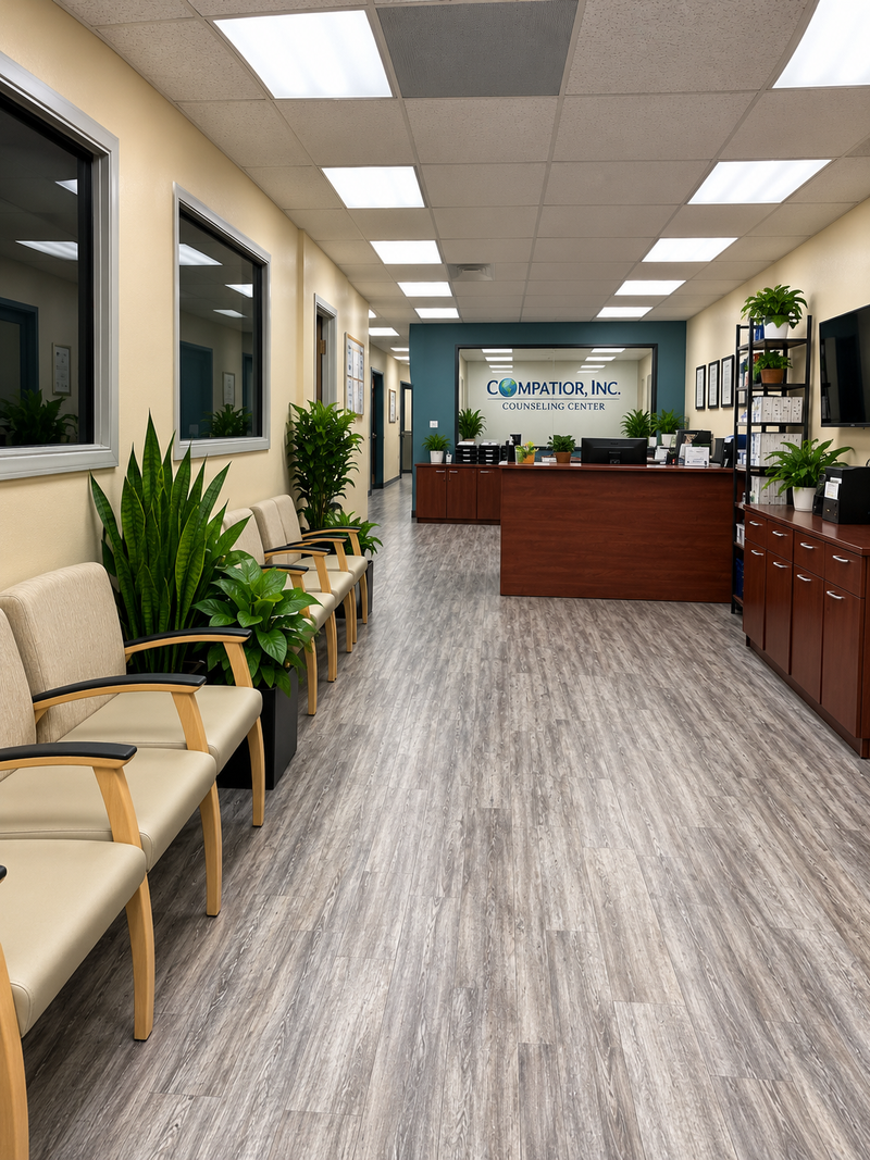 Bright, welcoming reception area at Compatior Counseling Center