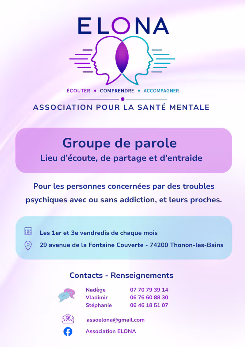 Flyer de l'association ELONA : groupe de parole, dates des rencontres et contacts
