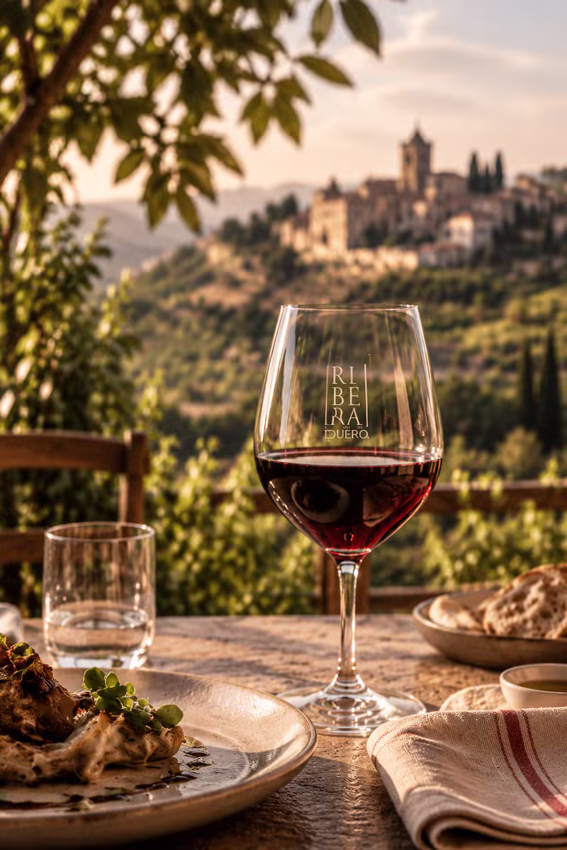 Een glas Ribera del Duero wijn bij zonsondergang