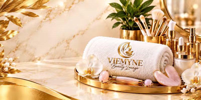 VieMyne Beauty Lounge branded towel with gold skincare tools, jade roller, stone and white orchids on a gold tray
