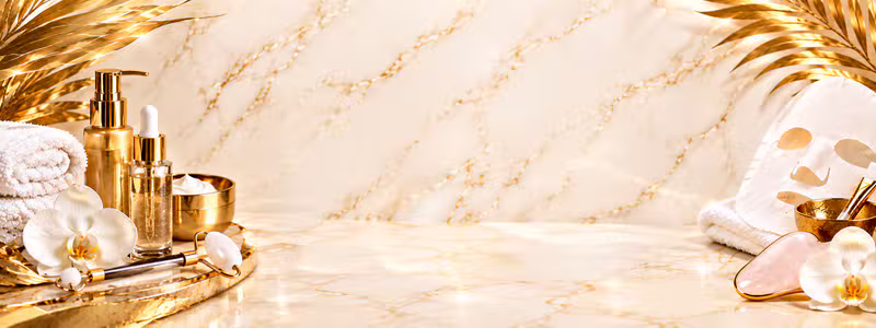 Gold skincare bottles, rose quartz gua sha, facial roller, white orchids and a gold face mask on a glowing marble vanity at VieMyne Beauty Lounge