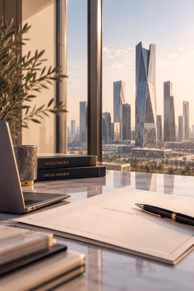 مكتب حديث يطل على أبراج الرياض مع مستندات الاستثمار في السعودية