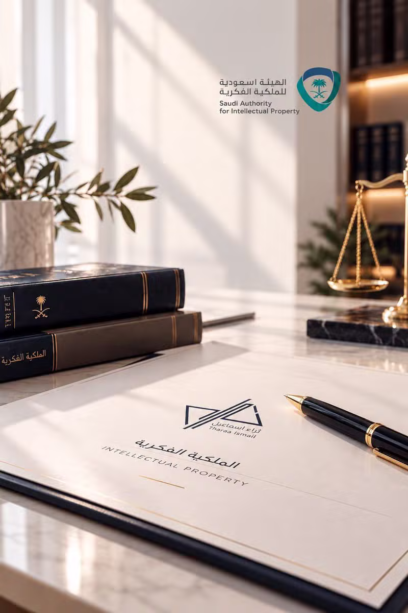 مستند الملكية الفكرية على مكتب يحمل شعار المكتب، وميزان العدالة، وشعار الهيئة السعودية للملكية الفكرية