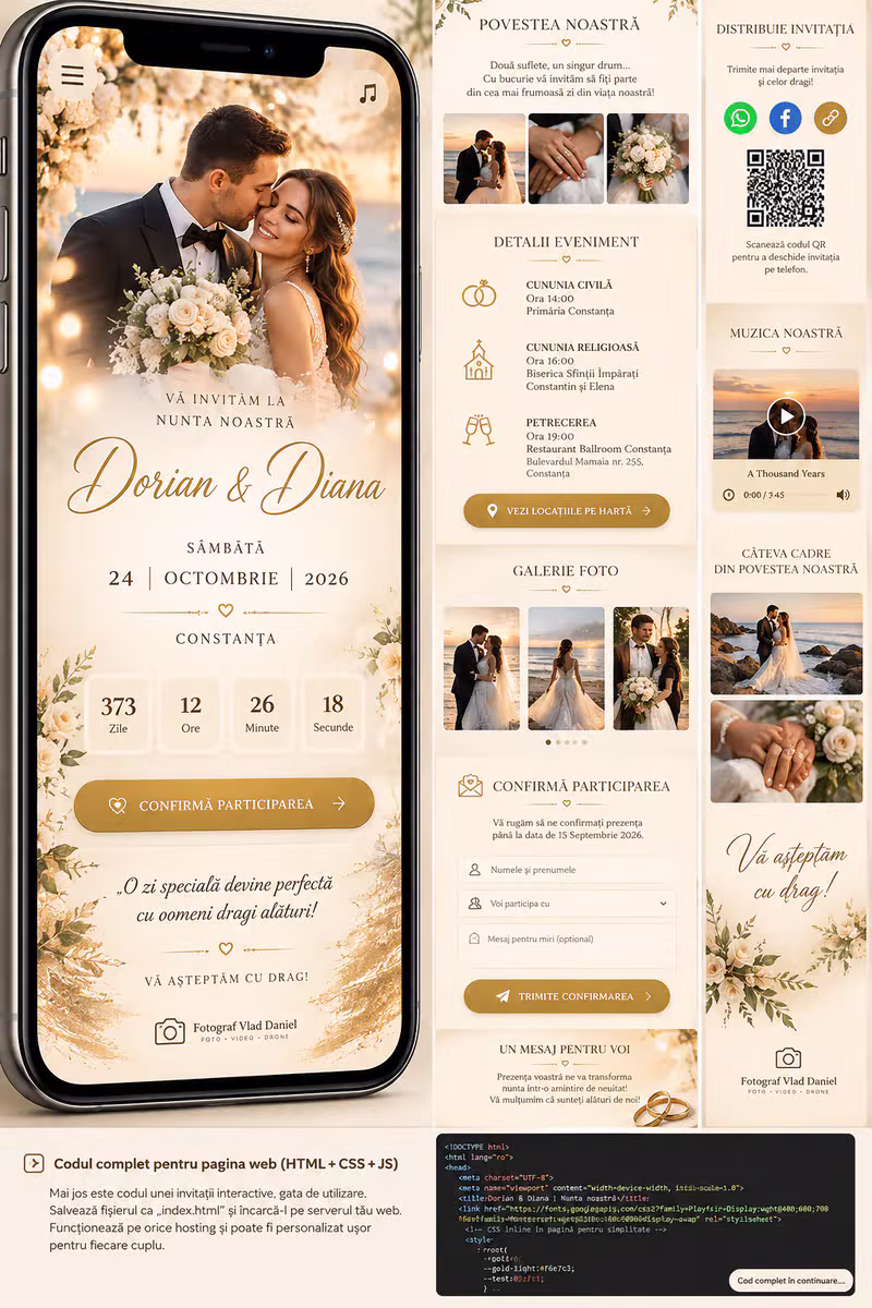Telefon afișând invitația digitală de nuntă Dorian & Diana cu RSVP, numărătoare inversă și cod QR