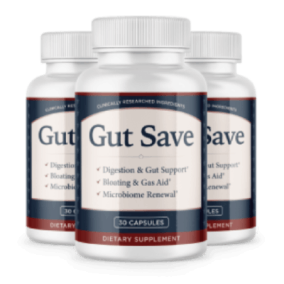 Gut Save supplement capsules beside a glass of water