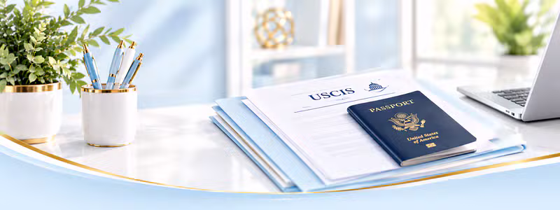 USCIS application forms, a United States passport, and office supplies arranged on a bright desk