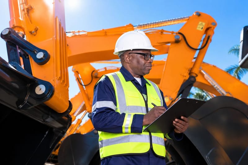 Engineers inspecting heavy mining equipment