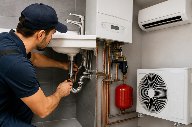Técnico profesional instalando un sistema de climatización y fontanería