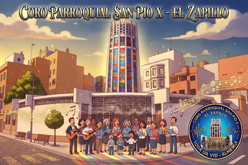 Ilustración del Coro Parroquial San Pío X - El Zapillo cantando frente a la parroquia, con la torre de vidrieras de colores al fondo y notas musicales flotando
