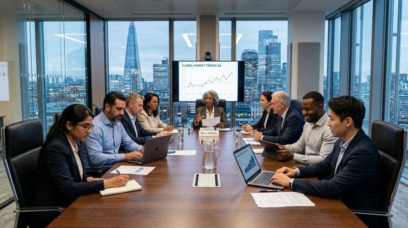 A diverse and inclusive image showing both male and female executives of different races in a formal boardroom setting