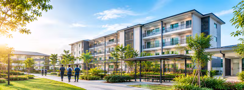 Workers walking along a landscaped courtyard between modern residential blocks at golden hour