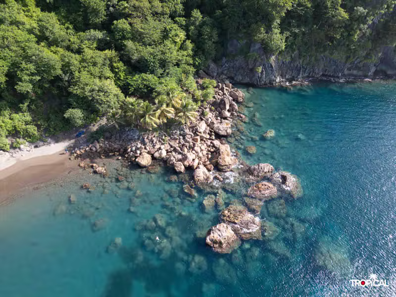 Côte rocheuse et eau turquoise de Guadeloupe, vue aérienne
