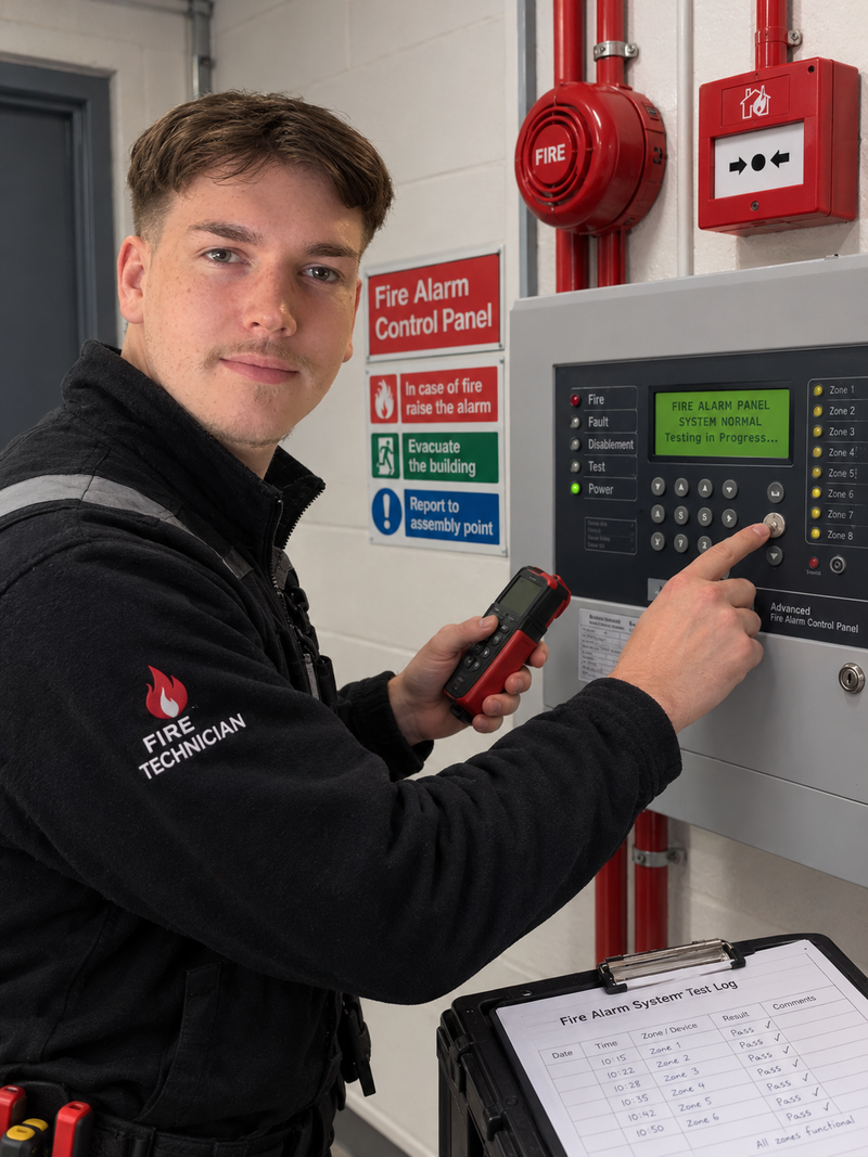 Fire safety technician testing a commercial fire alarm control panel
