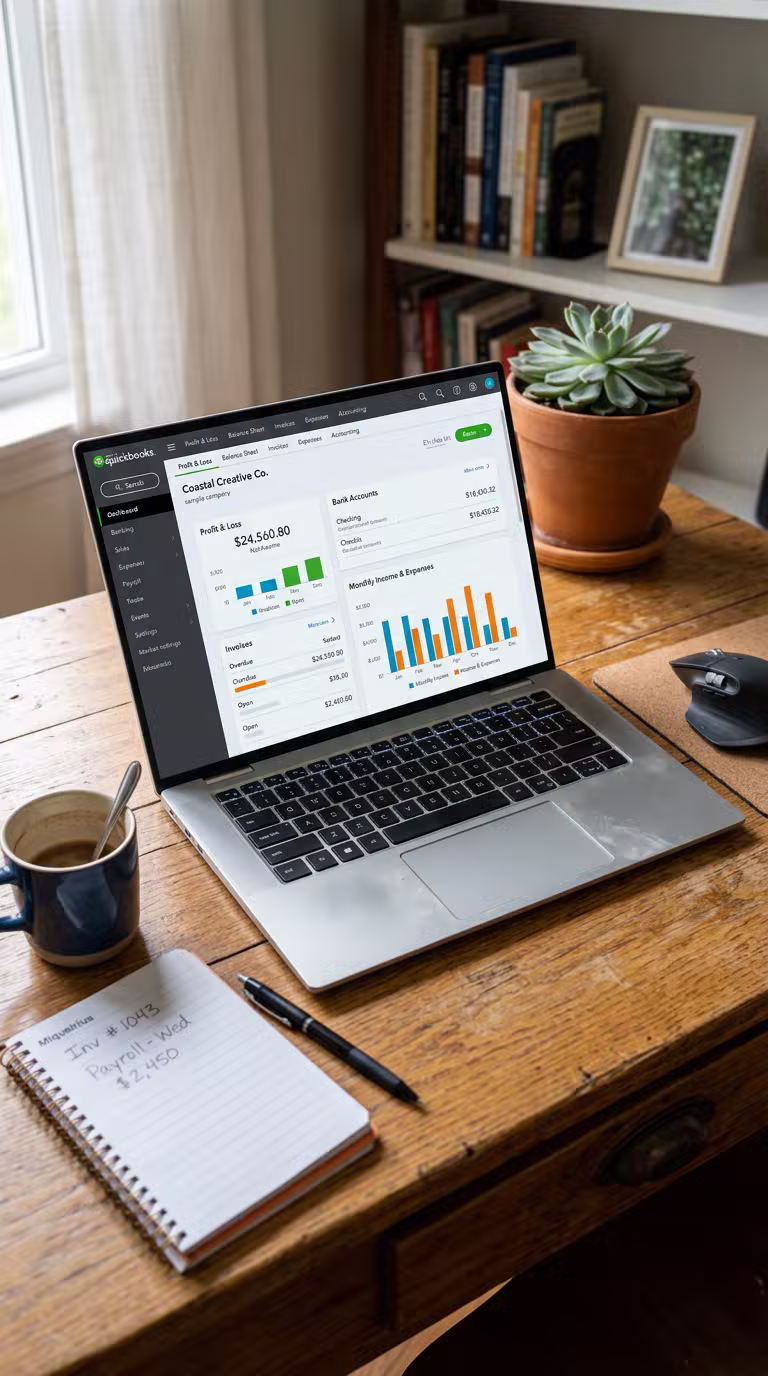 Laptop displaying a sample company's books in QuickBooks Online