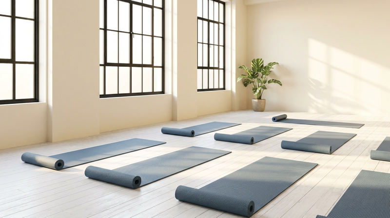 Luxury yoga studio lounge with calming minimal design