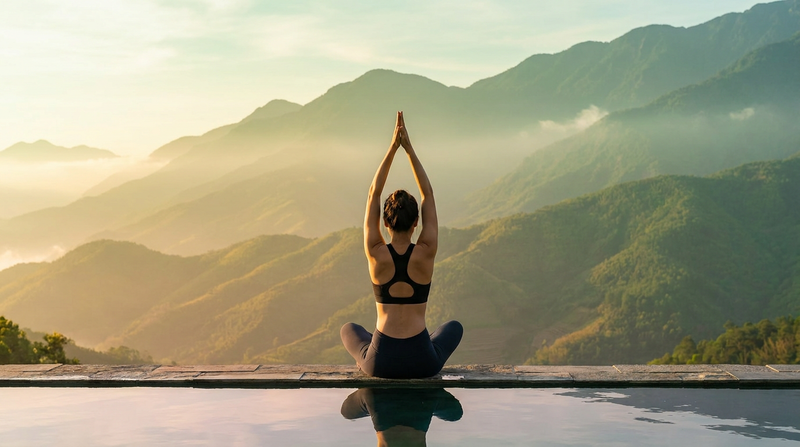 Sunlit yoga studio with calm luxury interior