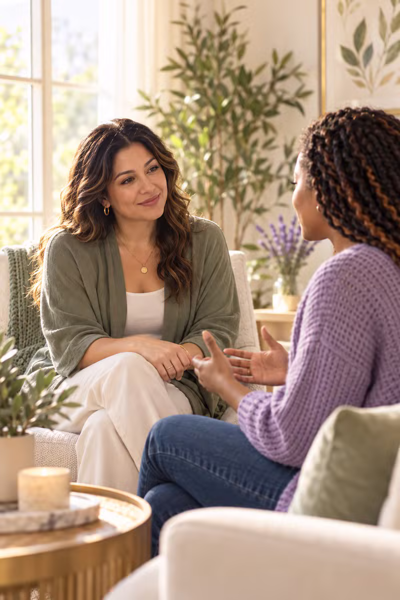 Two women in a warm, supportive conversation in a sunlit room, one wearing sage green and the other lavender