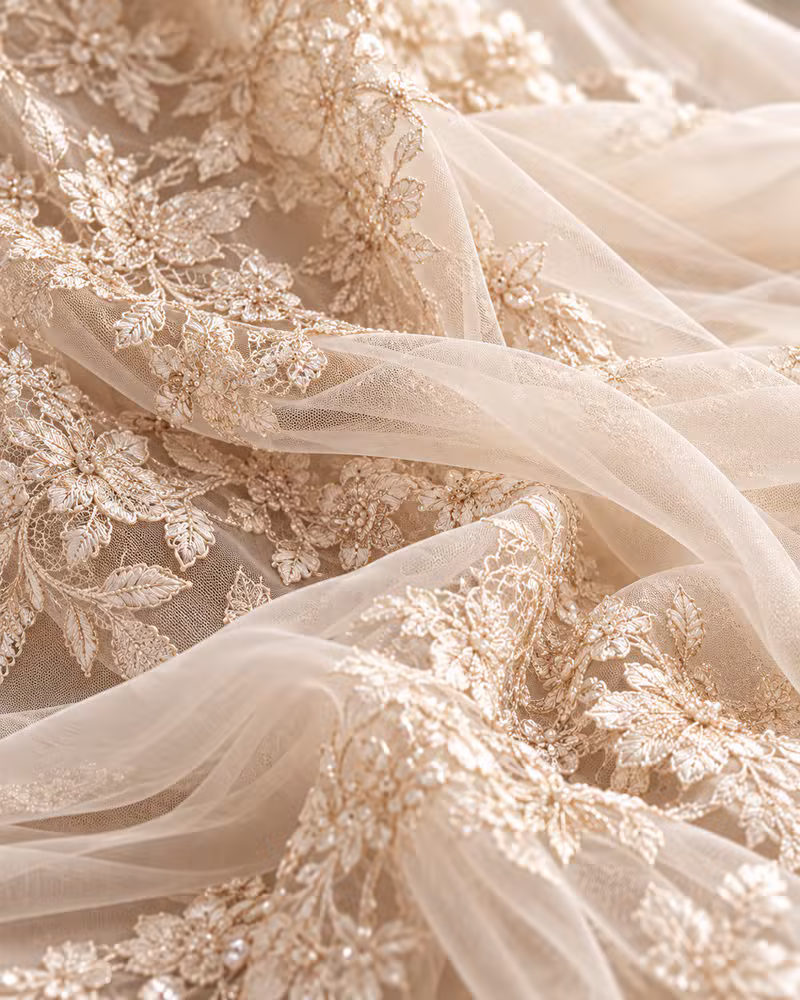 Champagne beaded Chantilly lace over sheer tulle