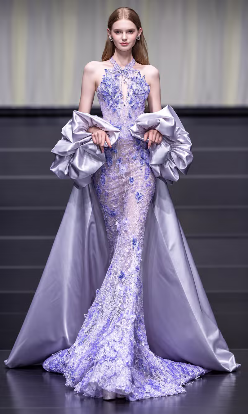 Lavender floral lace halter couture gown with sculpted satin puff sleeves and a flowing train