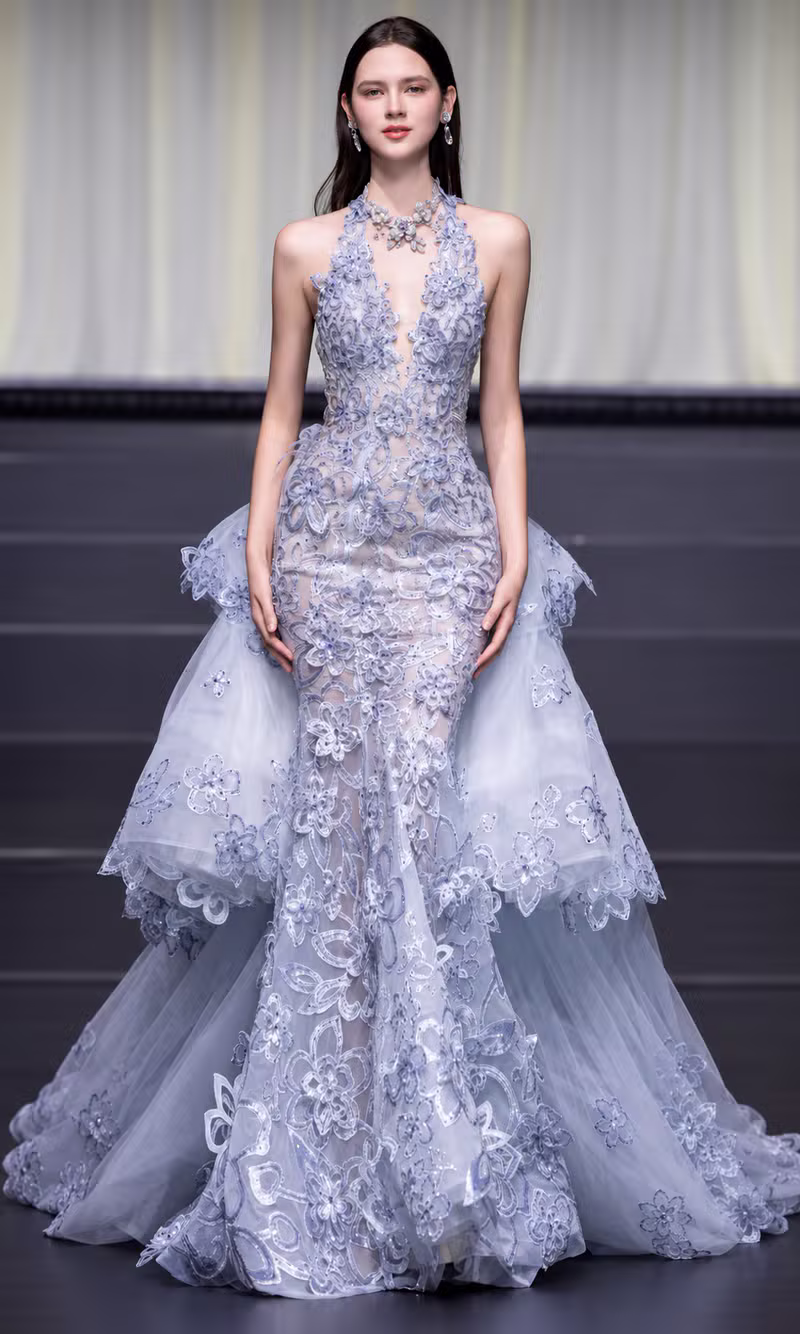 Grey-blue floral lace couture gown with a layered tulle overskirt