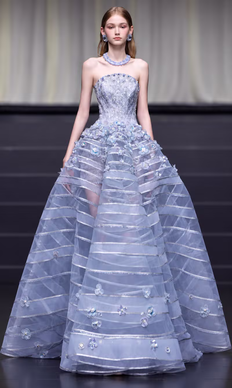 Azure tiered tulle couture ball gown with crystal floral embellishments