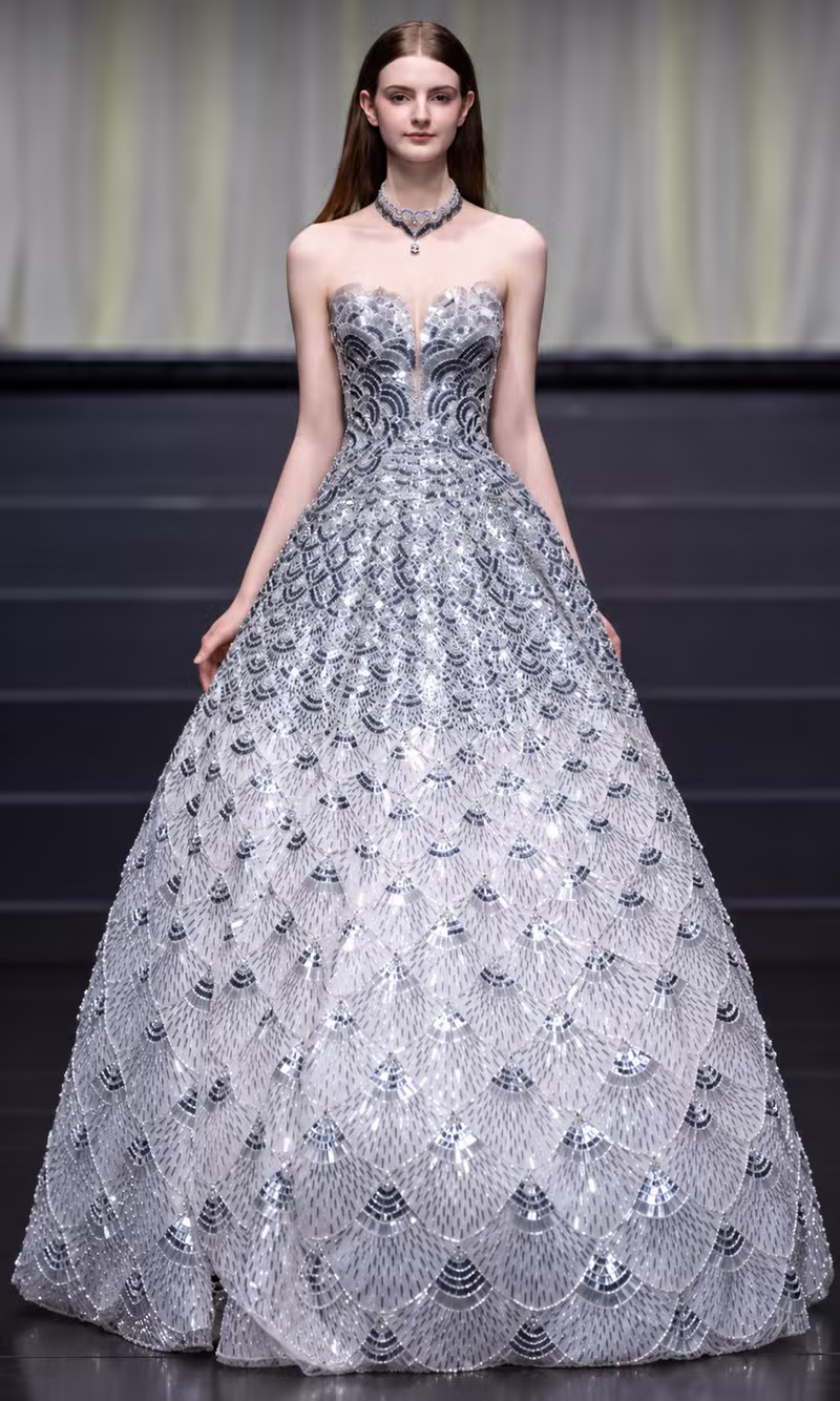 Silver scalloped beaded couture ball gown with a crystal neckline