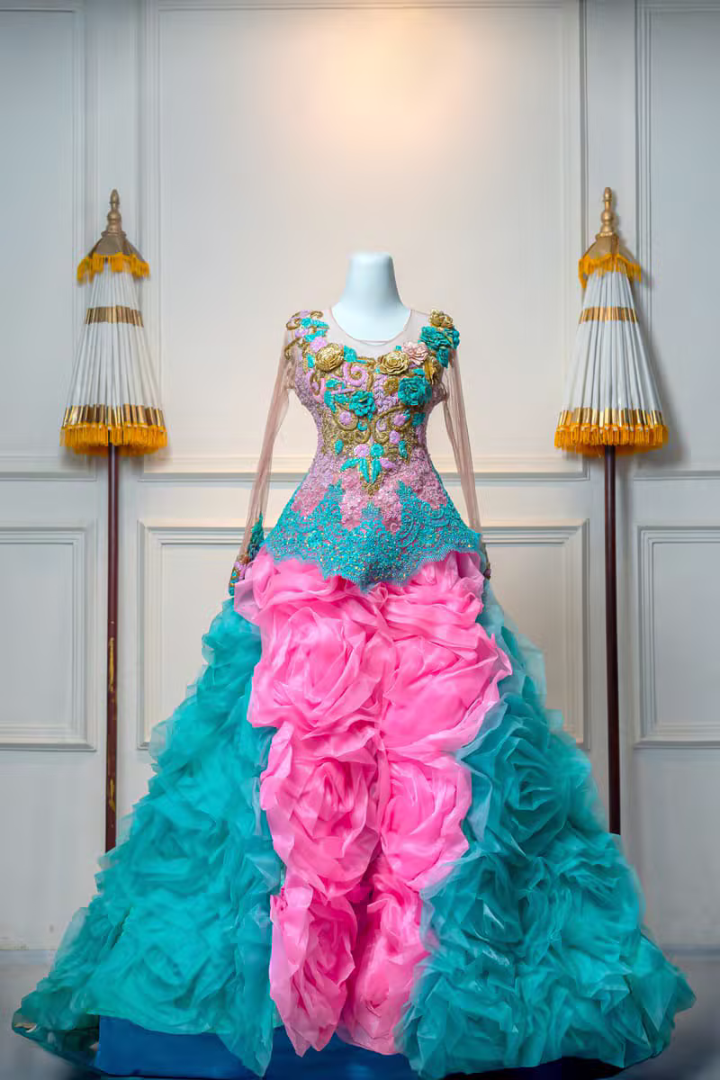 Hand-embroidered couture dress with fine detail