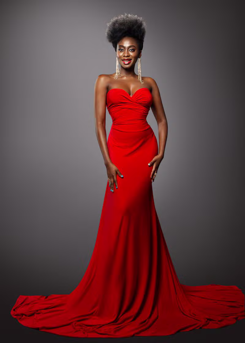 Black tie gown with dramatic off-shoulder neckline