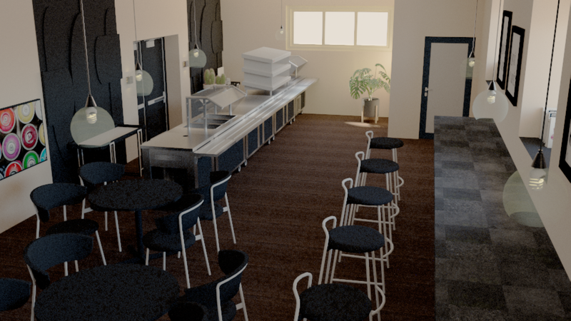 3D render of a café service counter with white-framed bar stools and a brightly lit serving area
