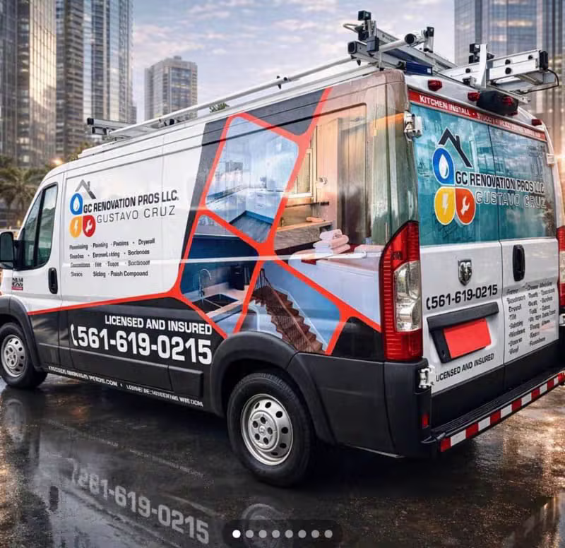 GC Renovation Pros branded service van with kitchen remodeling graphics parked in front of South Florida high-rises