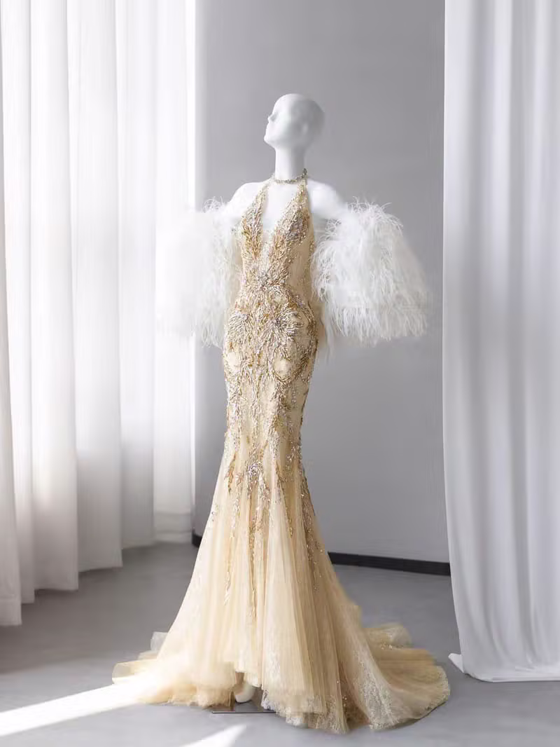 Golden Feather — Gold lace embroidery with luxurious feather accents by KALVERE LUMIERE