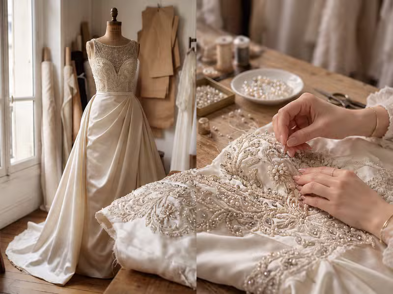 Hand-finished pearl and crystal beadwork on an ivory gown bodice in the KALVERE LUMIERE atelier