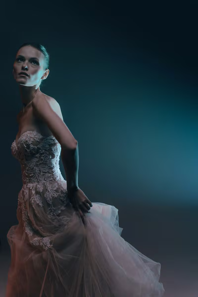 Model wearing a couture evening gown in soft dramatic light