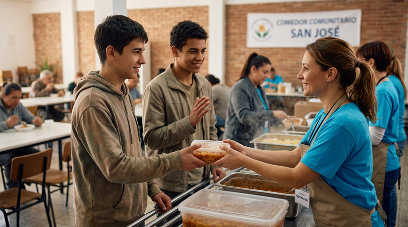 personas entregando comida a chicos menores de edad