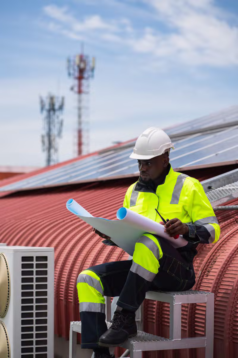 Técnico instalando um sistema de baterias solares