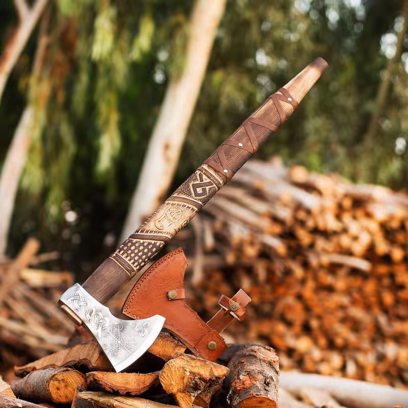 Viking Bearded Axe with Carved Runic Haft